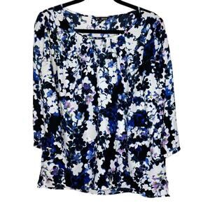 Express Black Floral 3/4 Sleeve Blouse Black Blue White Floral Office Workwear M
